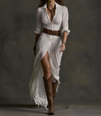 Aurora | Długa Sukienka Lnianą z Odwróconym Kołnierzem