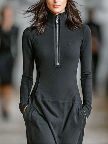 Renata | Czarna sukienka maxi z zamkiem i luźnym fasonem