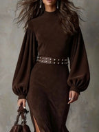 Retro latarnia długa sukienka z długim rękawem i półwysokim kołnierzem