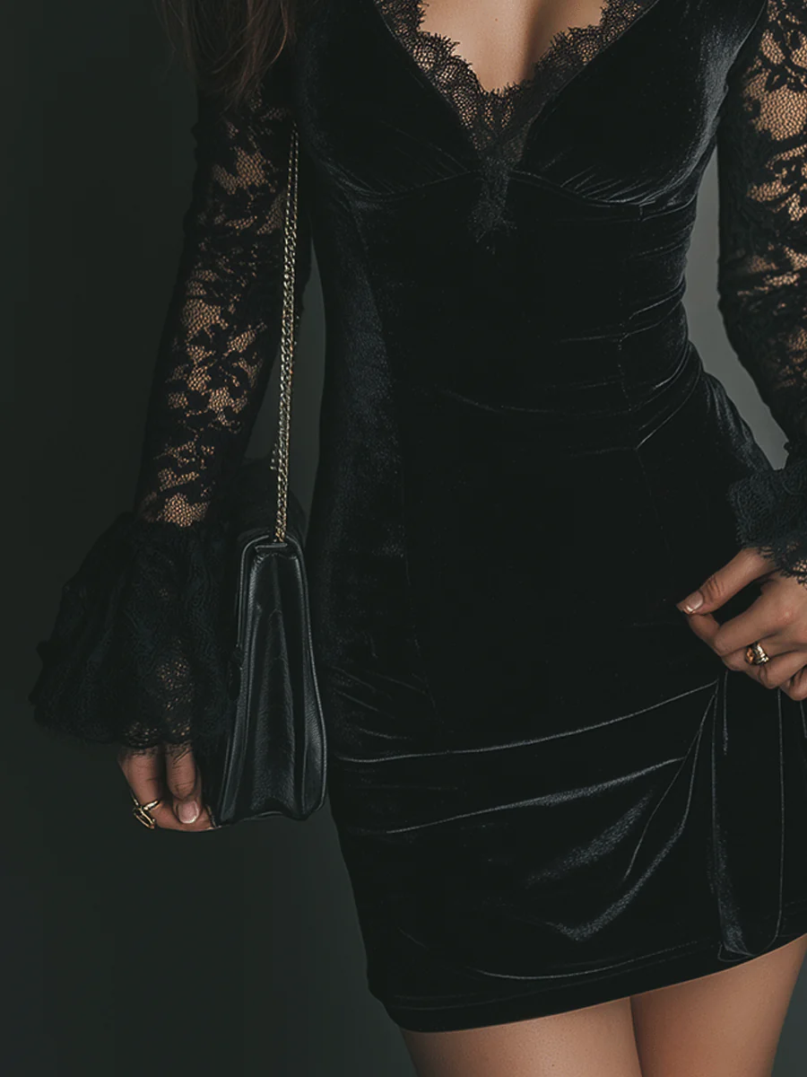 Orinthia – Aksamitna mini sukienka z koronką
