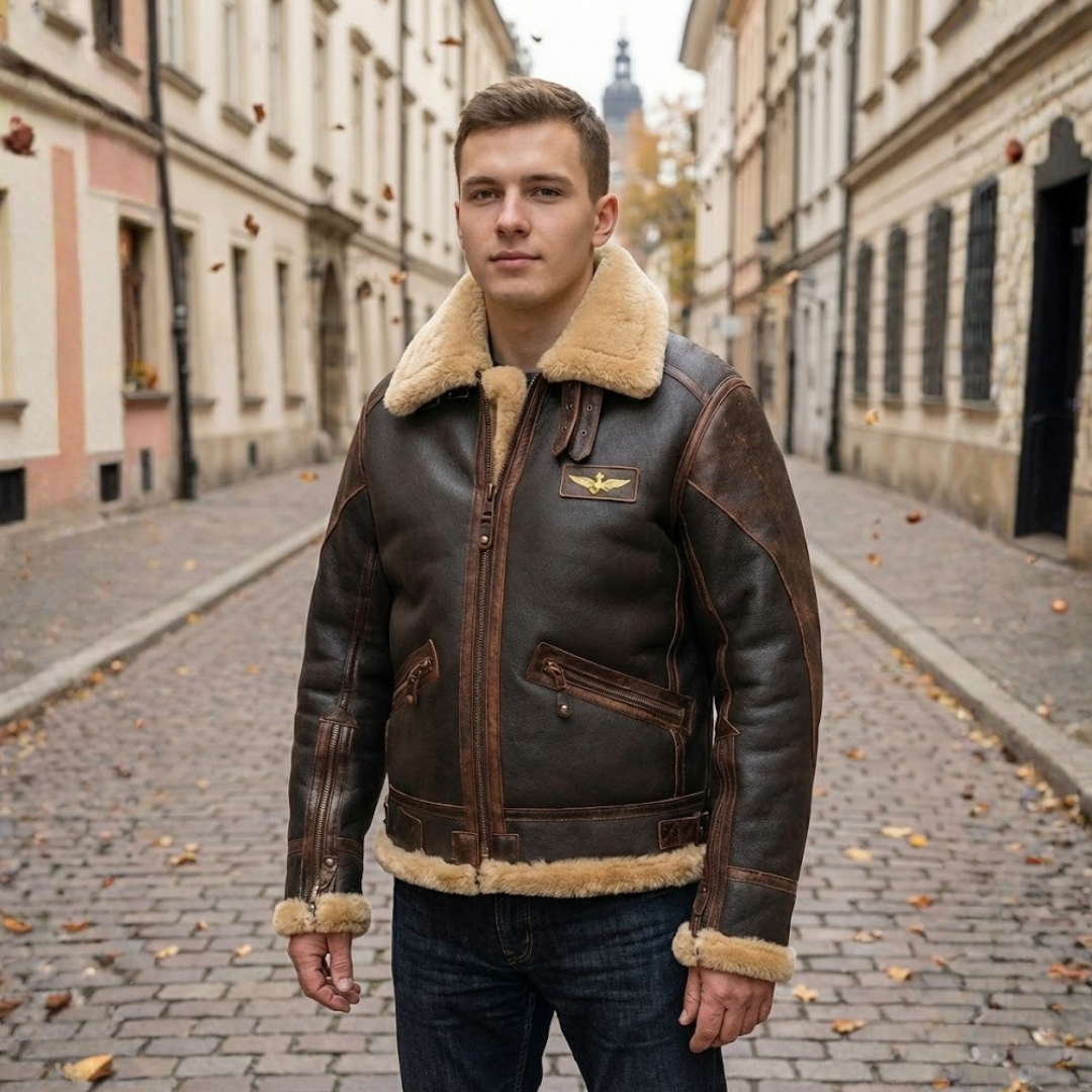 PIOTR | MĘSKA KURTKA SKÓRZANA PILOTKA Z KOŁNIERZEM FUTRZANYM